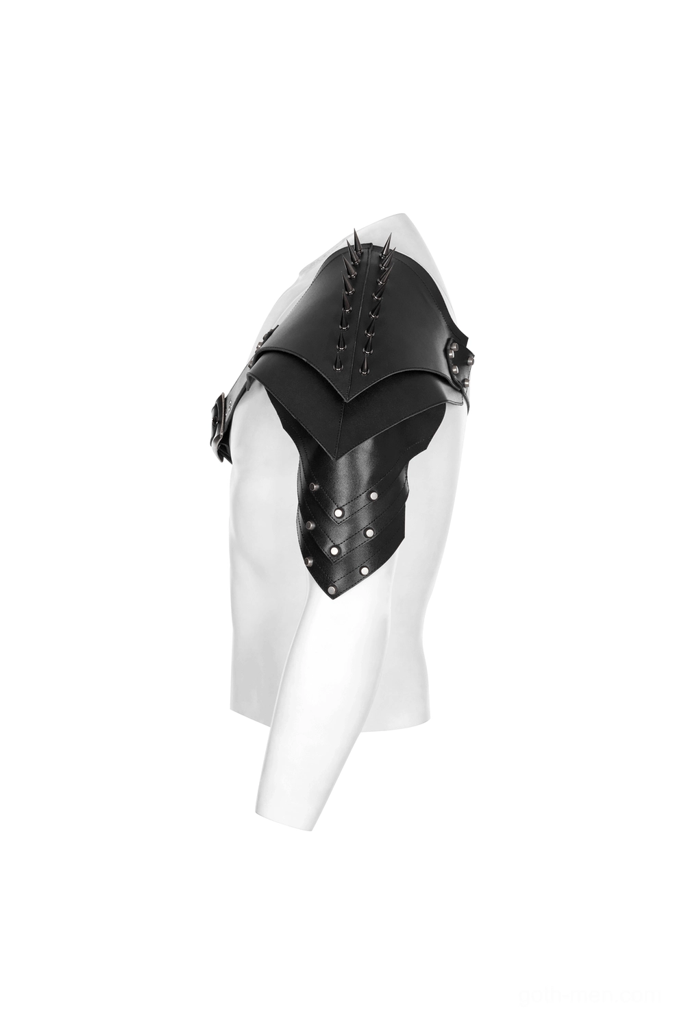Spiked shoulder armor rear side view on mannequin showing layered leather construction
