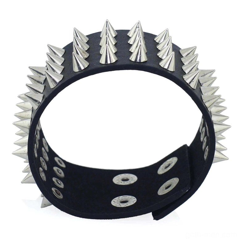 Full circle gothic spike bracelet viewed from above, showing symmetrical four-row spike pattern and adjustable snap strap design