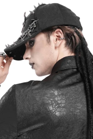 Dark gothic chain baseball cap with metal spike trim - side back view on male model