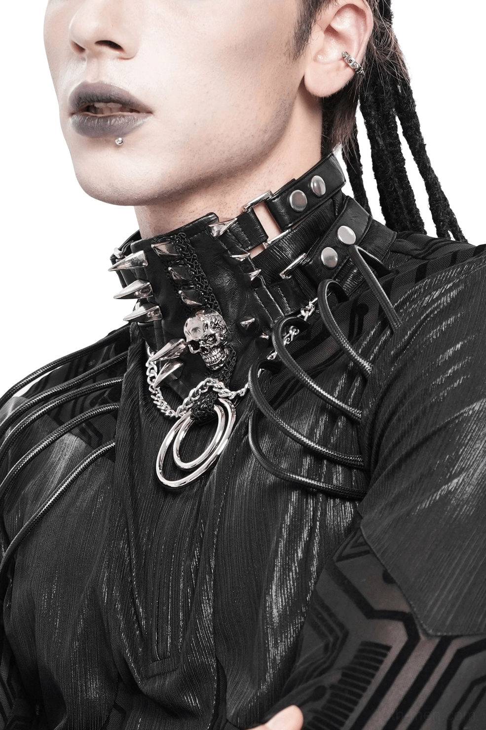 Industrial leather choker with metal spikes and double rings, side neck close-up on male model