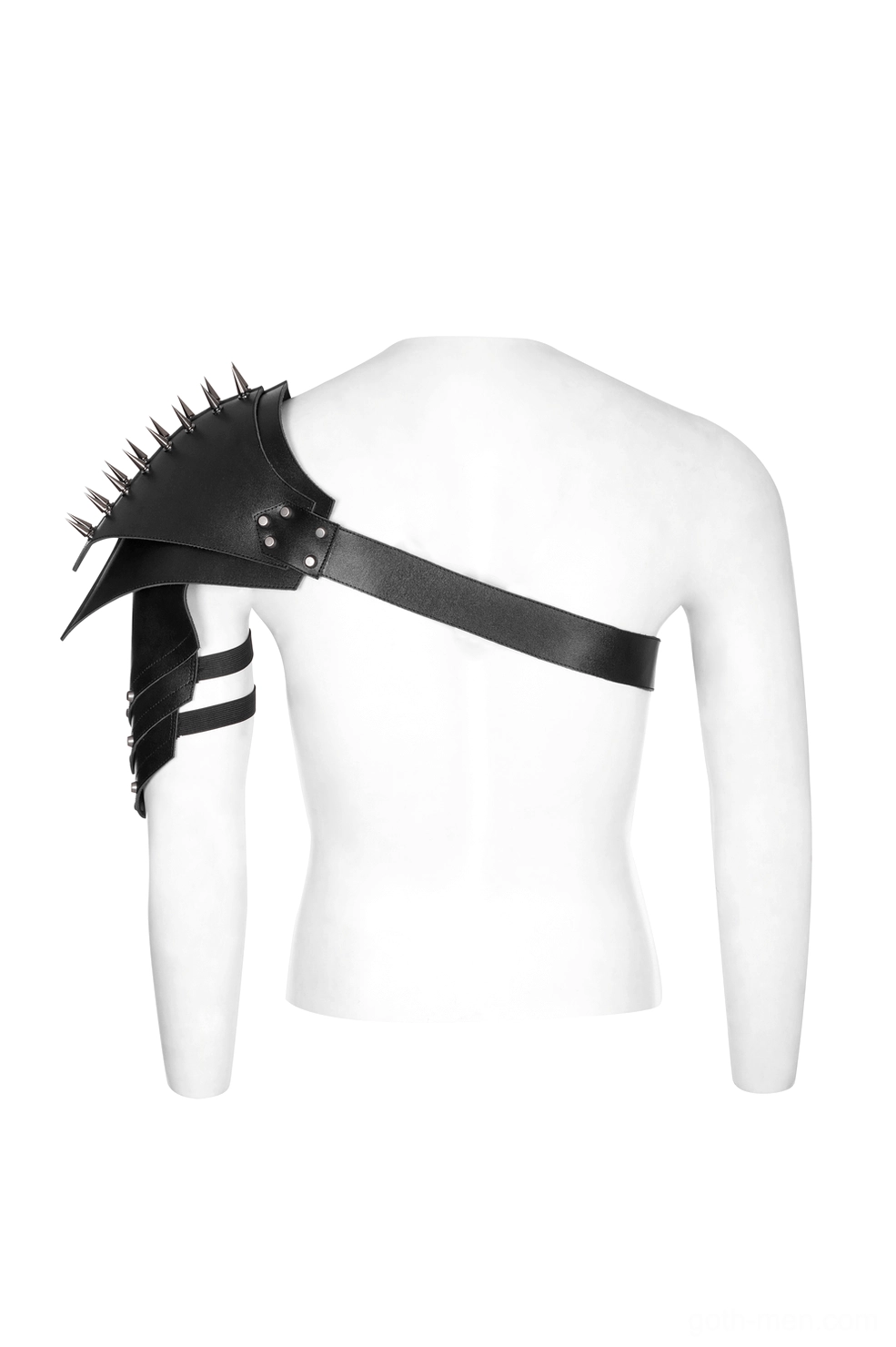 Black leather spiked shoulder armor back view with spike trim and adjustable arm fastener straps