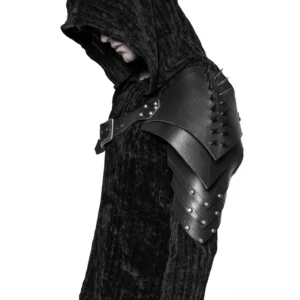 Spiked leather shoulder harness left side profile showing layered armor plates and metal rivets on model
