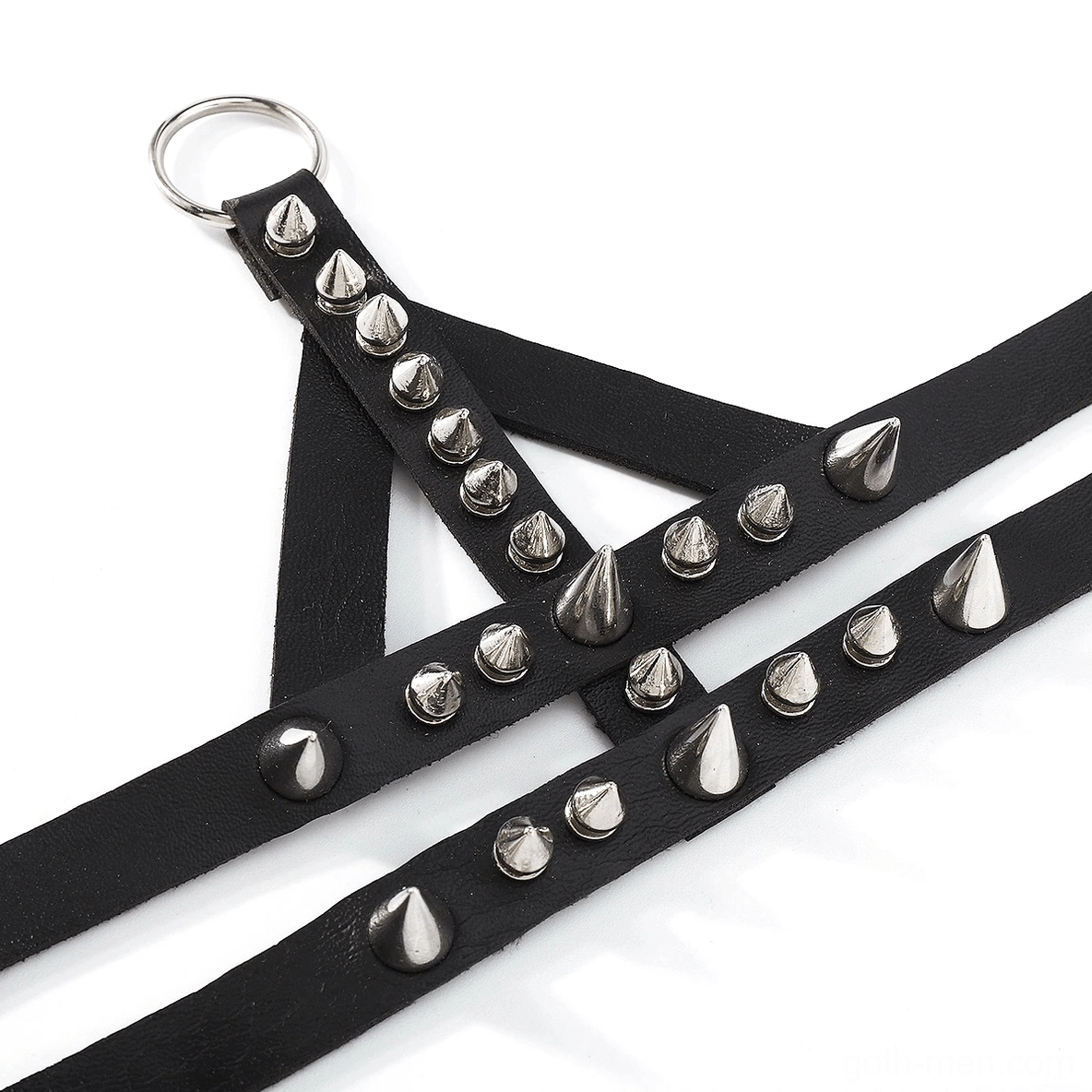 Close-up detailed shot of black PU leather hand bracelet with silver spikes and round metal studs on dark background