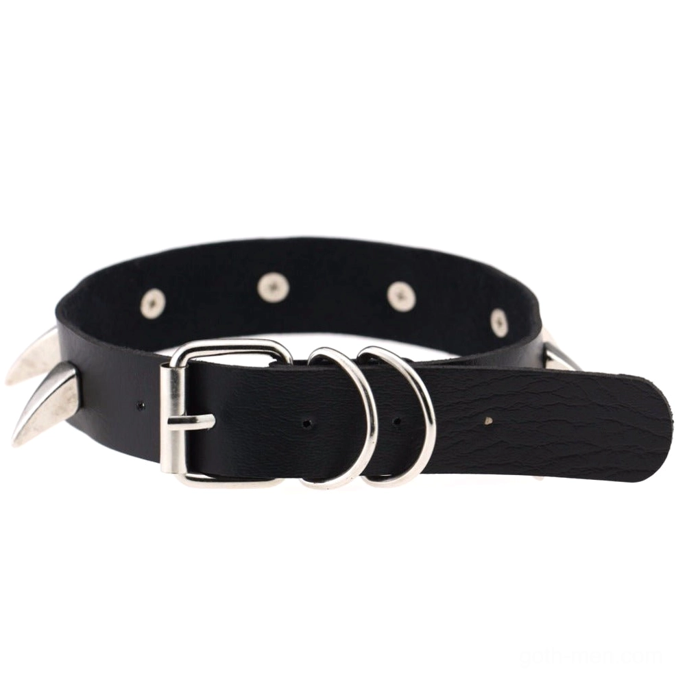 Spiked leather choker collar close-up of cone rivets and riveted construction