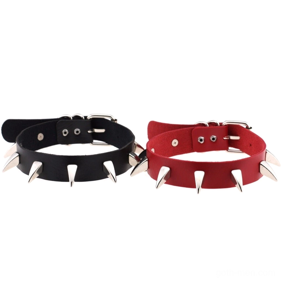Spiked leather choker necklace detail shot showing metal buckle and rivets