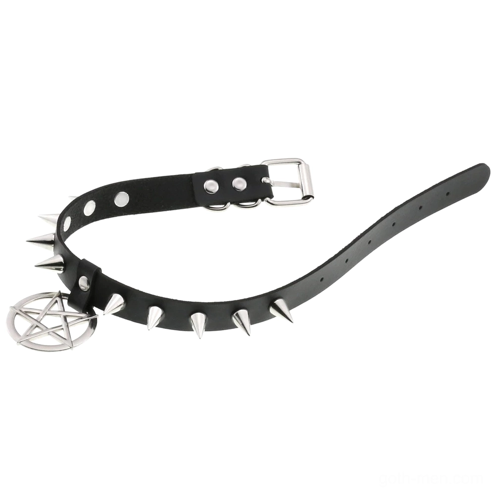 Unfolded spiked leather choker showing full length and pentagram charm pendant, side view