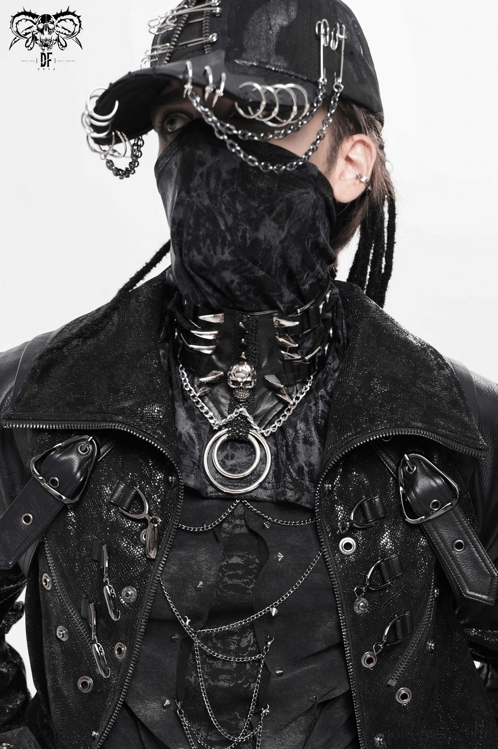 Black spiked collar choker with metal eyelets and oversized rings, mannequin display