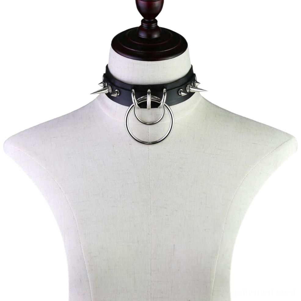 Industrial gothic spiked choker displayed on white mannequin torso showing front wear positioning