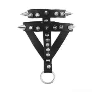 Flat lay front view of black leather hand bracelet with Y-shaped dual straps, metal D-ring, and silver decorative spikes
