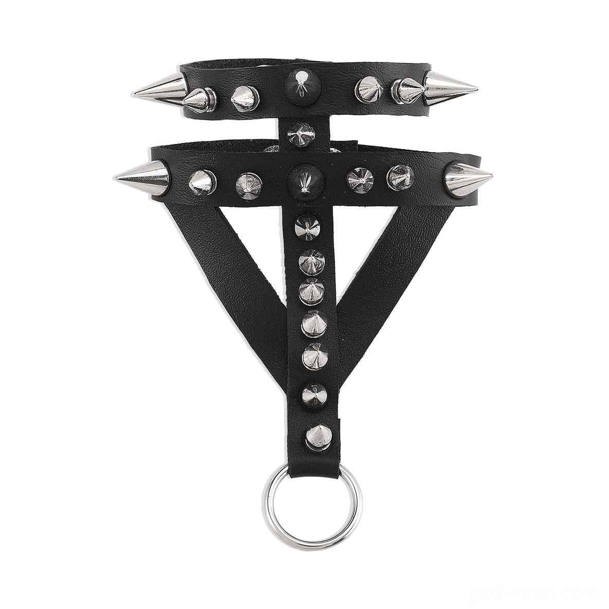 Flat lay front view of black leather hand bracelet with Y-shaped dual straps, metal D-ring, and silver decorative spikes