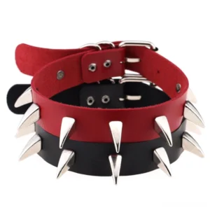 Red and black spiked leather gothic choker with silver cone rivets flat lay view