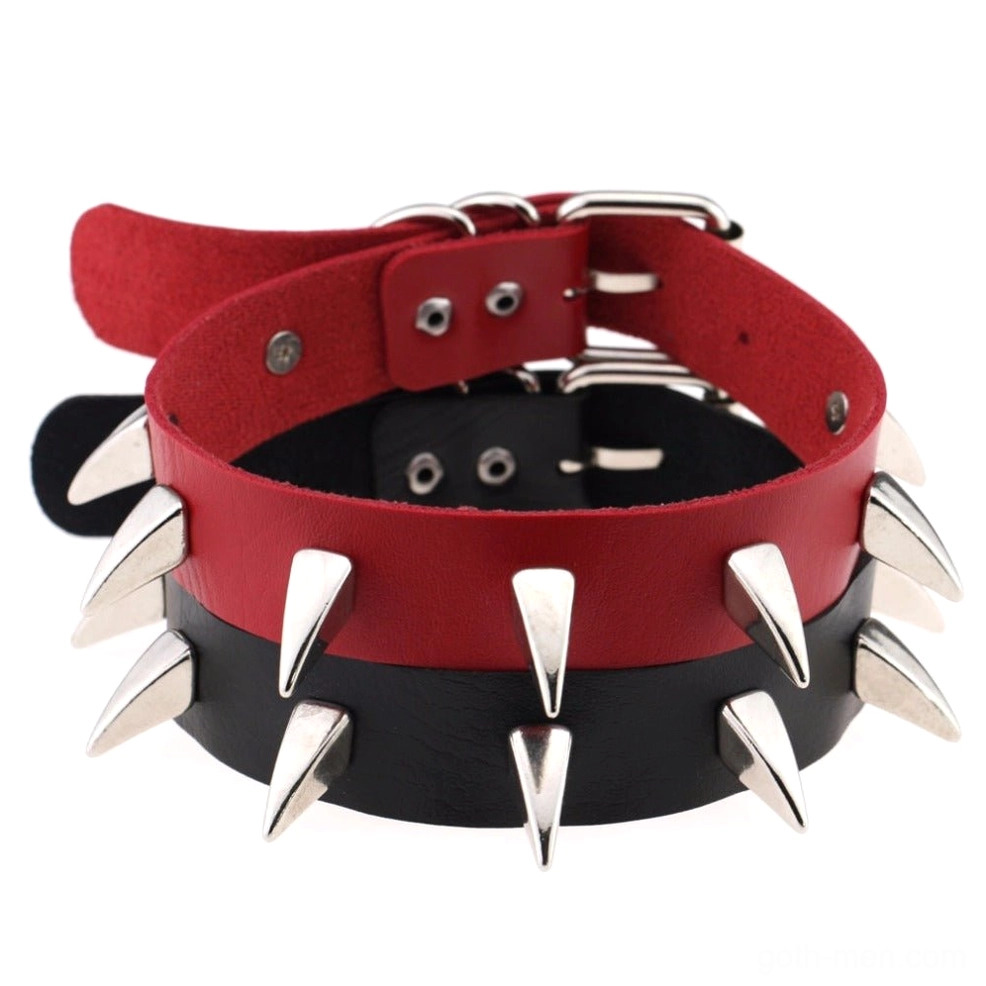 Red and black spiked leather gothic choker with silver cone rivets flat lay view