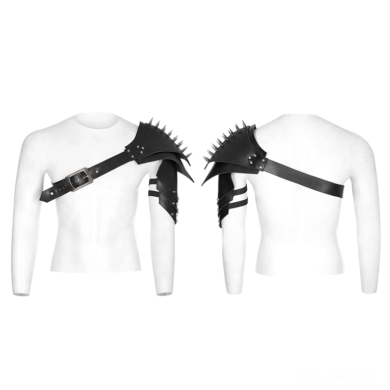 Black leather spiked shoulder harness front and back view on mannequin torso with adjustable buckle