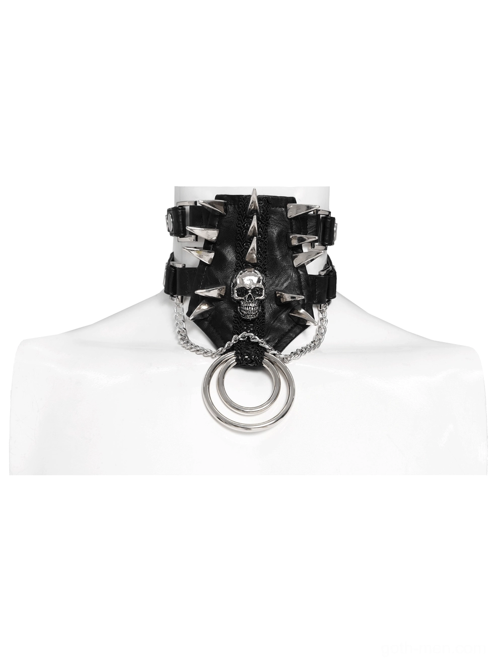Spiked skull leather gothic choker with silver metal rings, mannequin front view detail