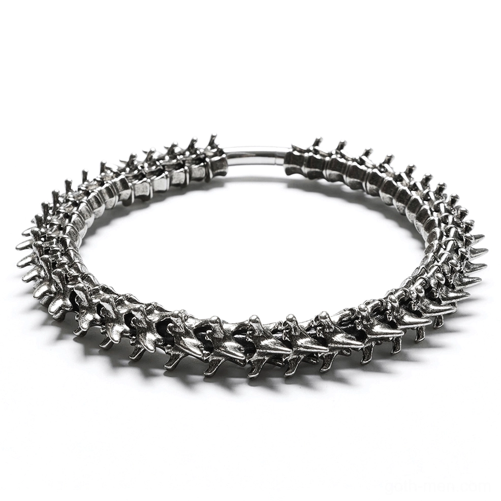 Overhead flat lay of complete spine choker showing circular collar design with interlocking bone-shaped vertebrae links in aged silver