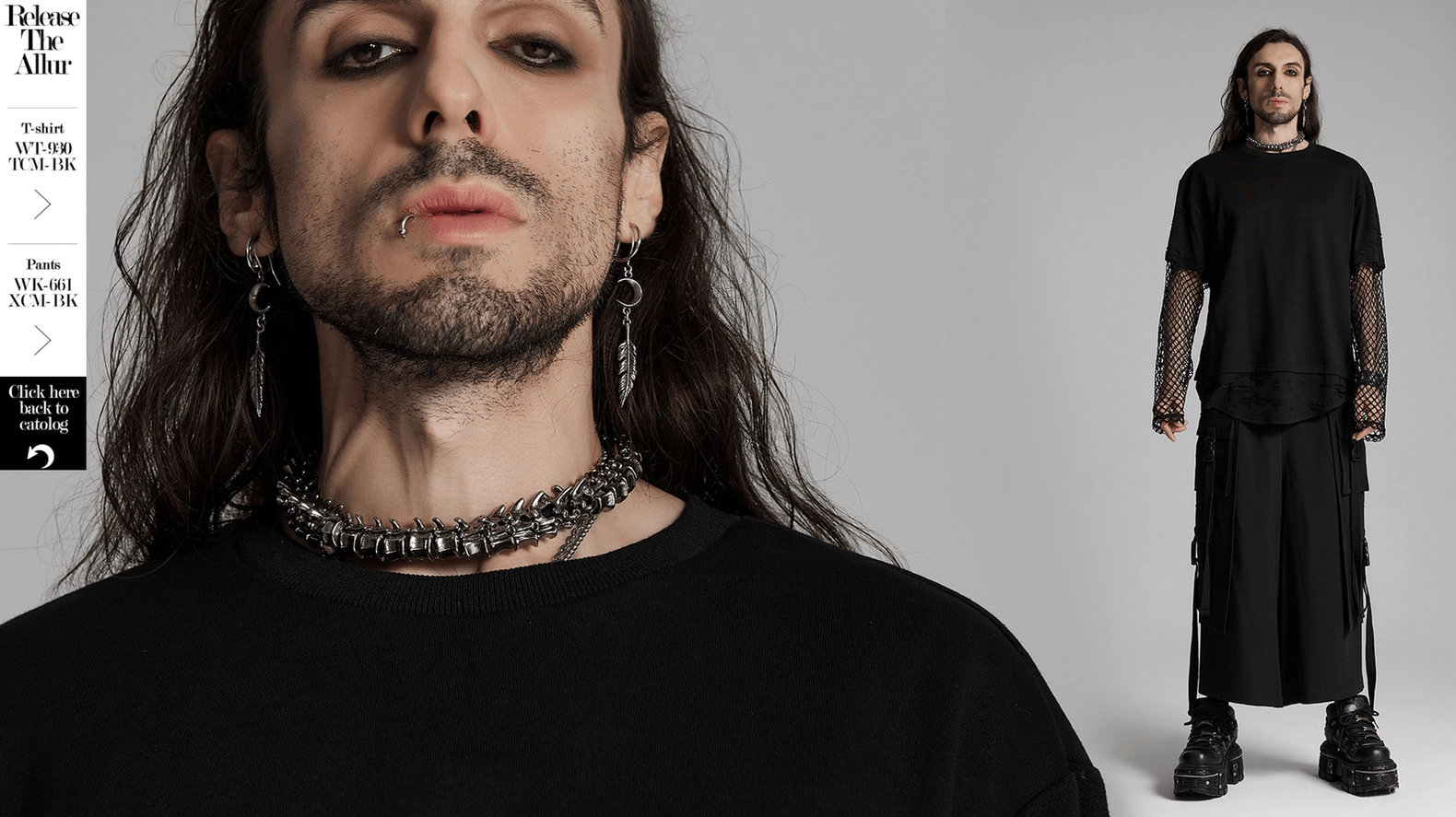 Collage showing close-up and full-body views of aged silver spine choker worn with gothic streetwear ensemble