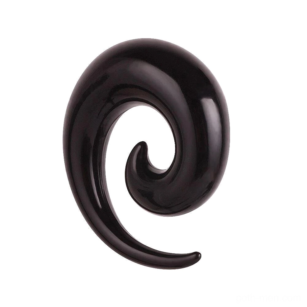 Single black spiral acrylic ear gauge stretcher, three-quarter side view, tapered progressive spiral design