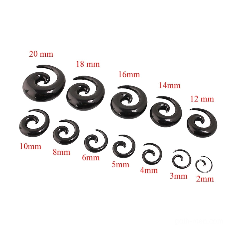 Size-labeled black spiral acrylic ear gauge set, 4mm to 20mm measurements, stretching progression reference