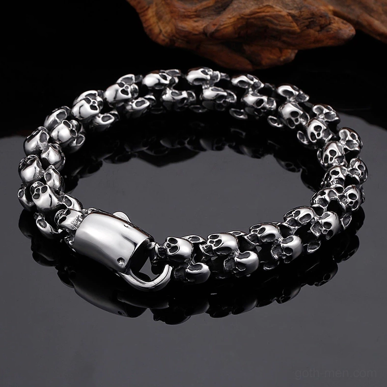 Stacked gothic skull bracelets showing layering potential and multiple size options together