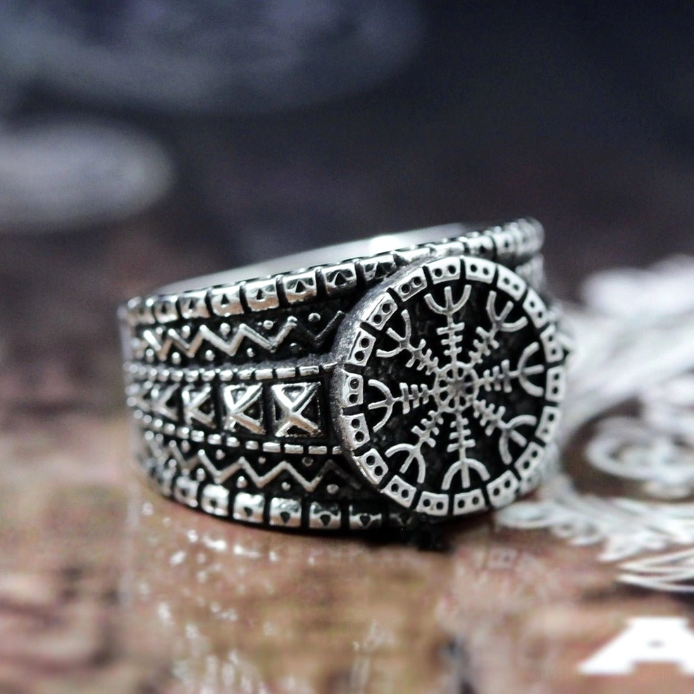 Stainless steel Aegishjalmur gothic protection ring - full band view showcasing geometric rune design