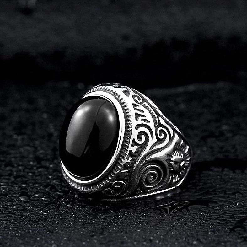 Stainless steel gothic ring band texture, embossed motifs, alternative style detail