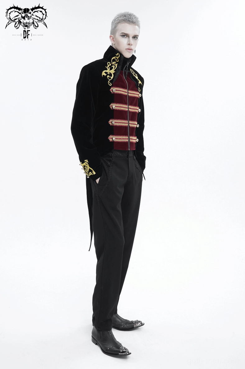 Stand-up collar tailcoat detail view of gold scroll embroidery and collar construction