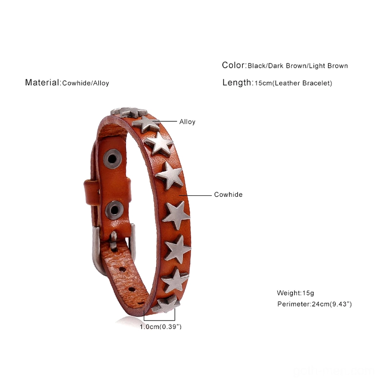 Single light brown star leather gothic bracelet with product specifications and measurements on white background