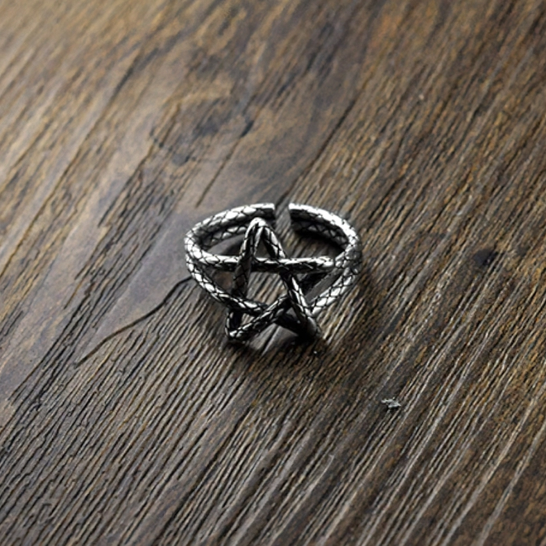 Five star open ring flat lay woven grain texture oxidized silver finish