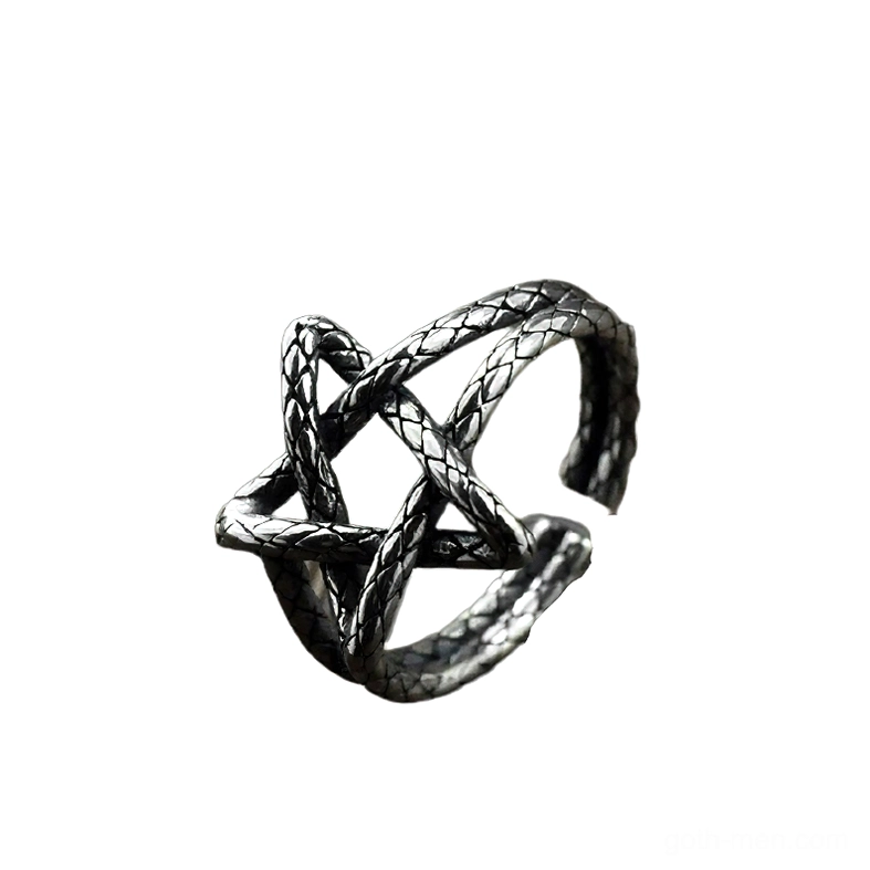 Five point star ring side view hollow design oxidized sterling silver