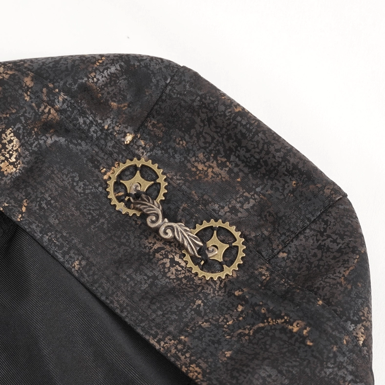 Dual bronze gear ornament detail of steampunk bandana showing vintage metal design and mechanical embellishment