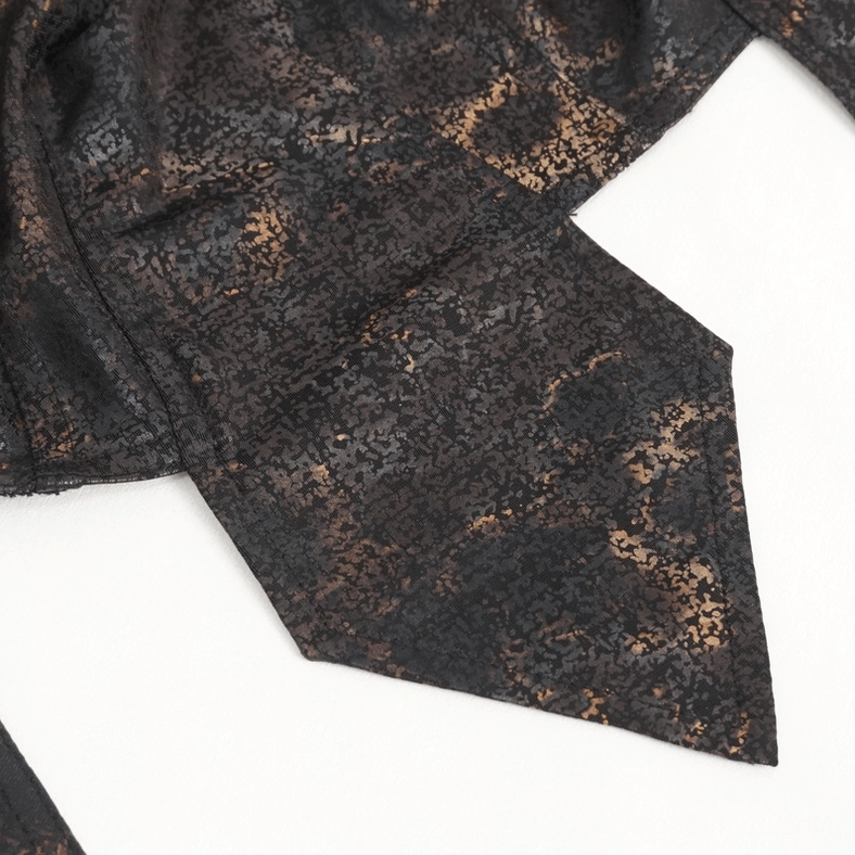 Flat lay close-up of steampunk bandana pointed fabric tail piece in black-bronze marbled finish with defined edge