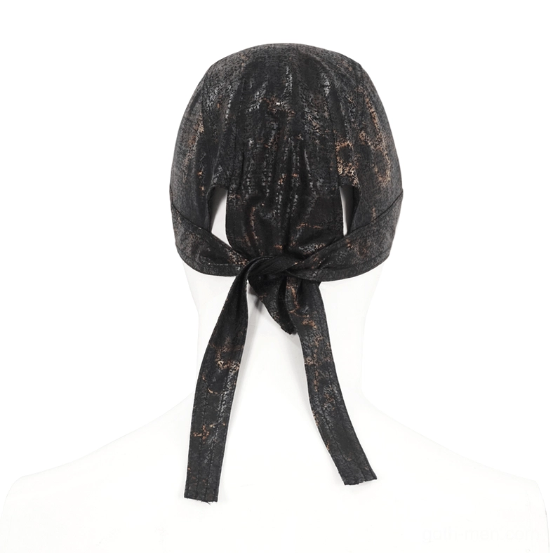 Black-bronze marbled steampunk bandana displayed on mannequin torso showing rear view with dual tied fabric tails and full texture