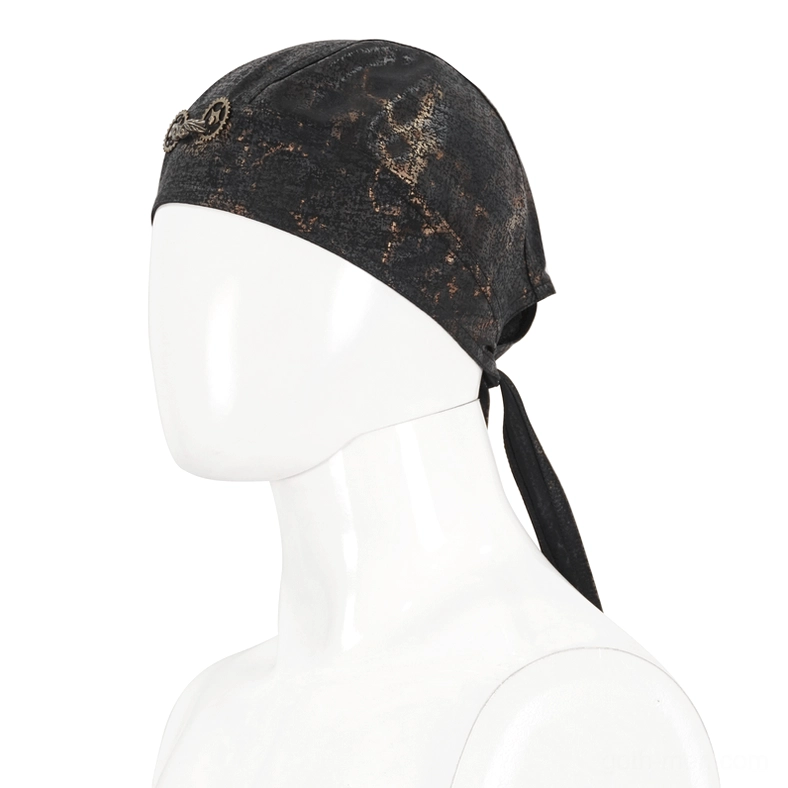 Steampunk bandana cap on white mannequin head showing side three-quarter view with tied tail and marbled fabric pattern