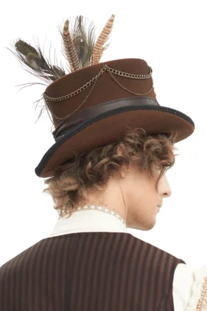 Steampunk top hat back side view showing layered feathers and chain trim details on cosplay model