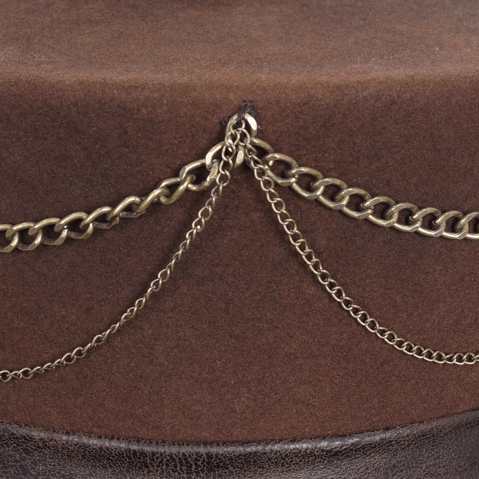 Alternative angle of steampunk brown top hat displaying full peacock feather plume and layered metal chain accessories