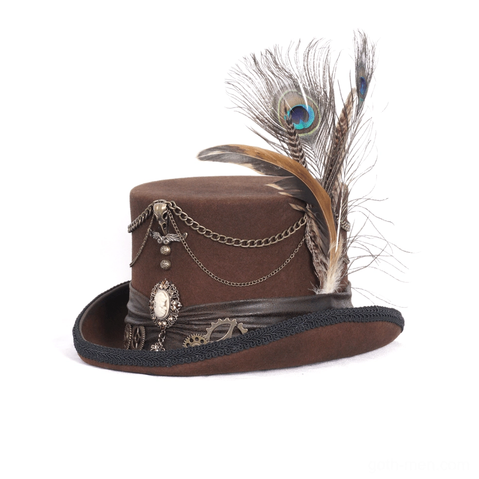 Three-quarter side view of brown steampunk top hat with multiple metal chains and large iridescent peacock feather