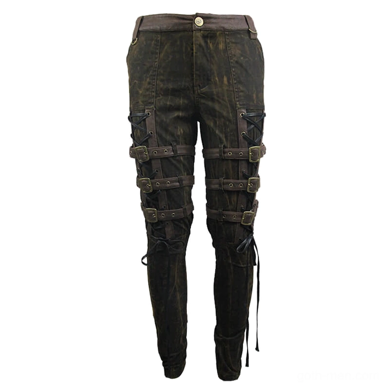 Brown steampunk cargo trousers flat lay front view showing washed distressed fabric and cross lace-up buckle hardware