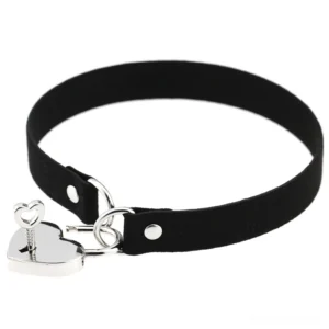 Steampunk heart lock gothic choker tilted view showing velvet fabric strap and detachable silver key pendant