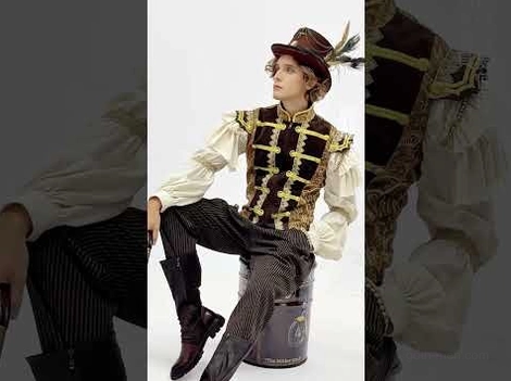 Full body side view of steampunk costume with gothic top hat paired with Victorian waistcoat and barrel prop