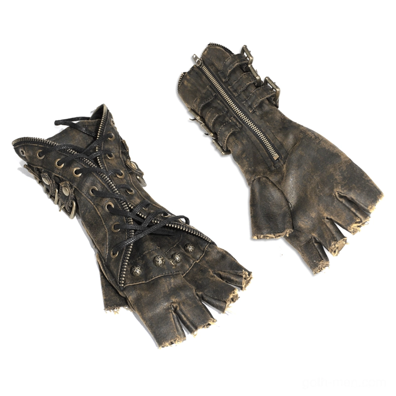 Top-down flat lay of brown steampunk fingerless gauntlets showing zippers, lace-up, and frayed leather details