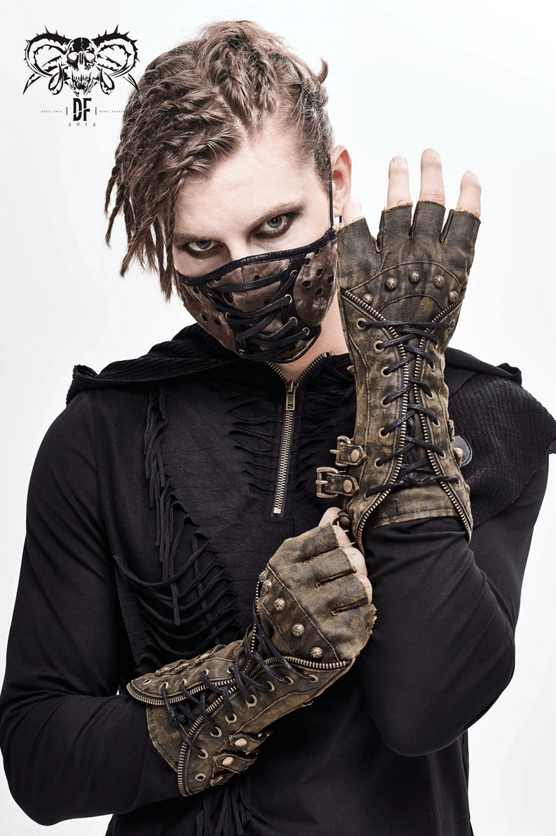 Top view of brown steampunk fingerless gauntlets showing buckle placement and overall construction detail