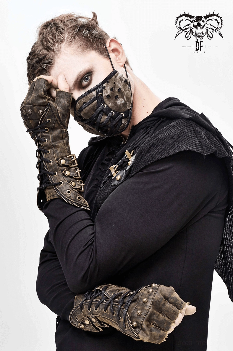 Brown steampunk fingerless gauntlet gloves full gauntlet view showcasing vintage distressed leather texture