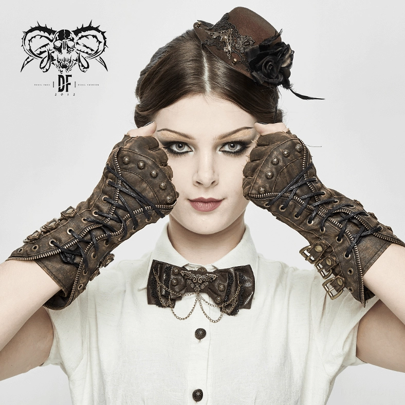 Detailed view of steampunk fingerless gloves showing ruffled finger openings and vintage leather aesthetic