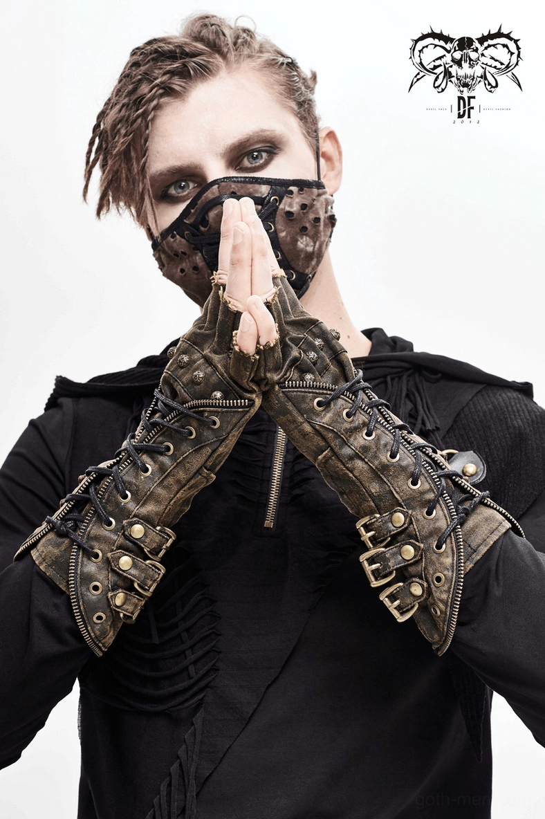 Side profile of brown steampunk fingerless glove emphasizing gauntlet structure and industrial aesthetic