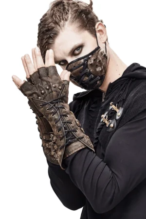Brown steampunk fingerless gauntlet gloves with metal buckles and lace-up detailing, front close-up on male model