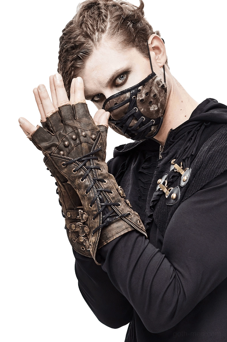 Brown steampunk fingerless gauntlet gloves with metal buckles and lace-up detailing, front close-up on male model