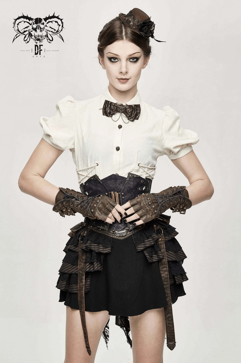 Close-up of brown steampunk gauntlet gloves highlighting lace-up construction and metal stud embellishments