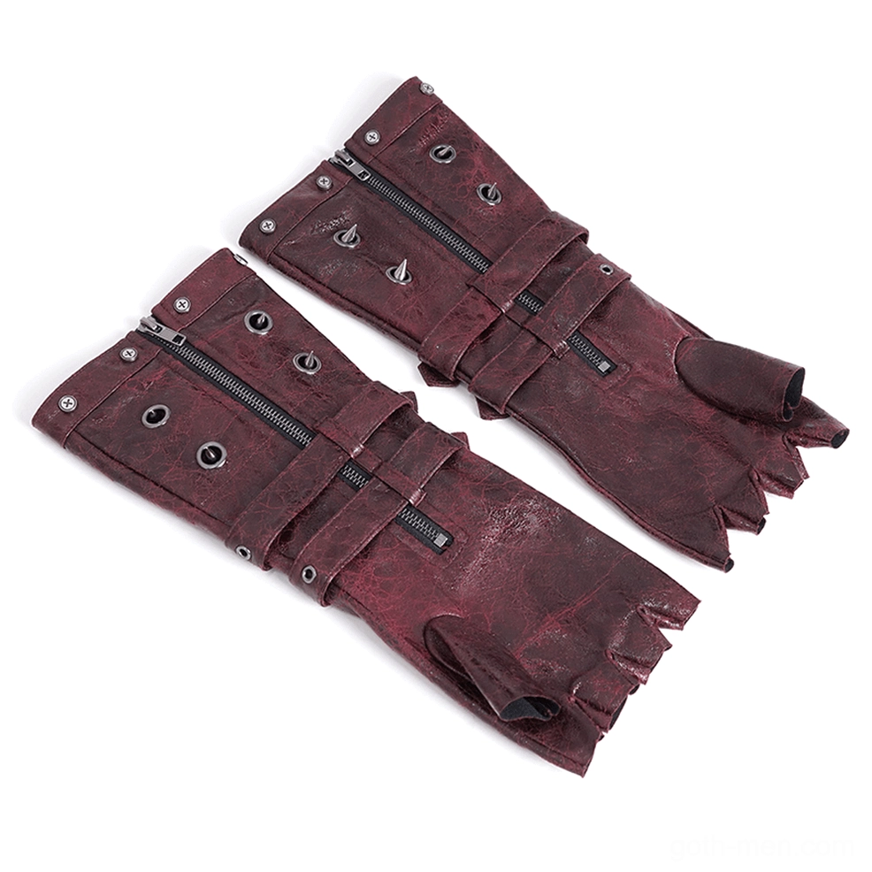 Side view flat lay of steampunk fingerless gauntlet gloves showing zipper closure, metal rivets, and multiple buckle fasteners in detail