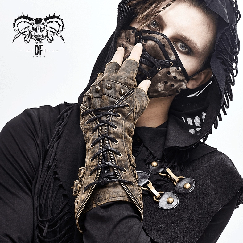 Brown steampunk gauntlet gloves flat lay showing lace-up pattern, metal hardware, and finger gaps detail