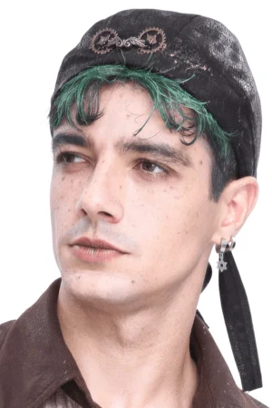 Steampunk marbled bandana cap with bronze dual gears worn by male model with green hair, front three-quarter view on white background